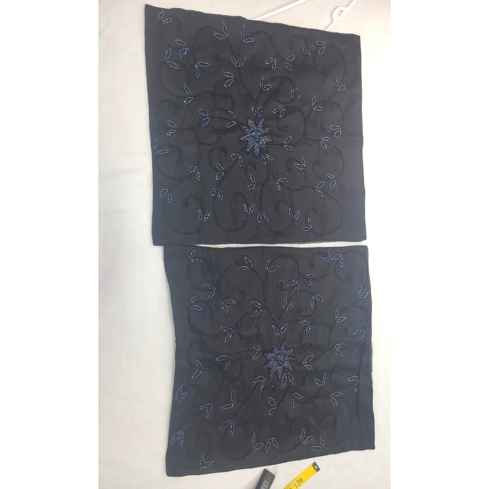 Bijoux Terner Beaded Pillow Covers 16x16 Bkack Twill Irridescent Beads Floral